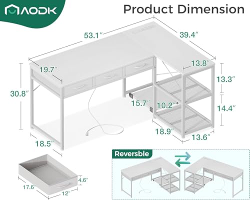 AODK 53 Inch L Shaped Computer Desk with Drawers, Corner Desk with Power Outlets & Reversible Storage Shelves