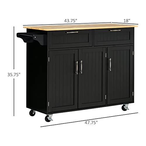 HOMCOM Mobile Kitchen Island with Storage, Kitchen Cart with Wood Top, Storage Drawers, 3-Door Cabinets, Adjustable Shelves and Towel Rack, White