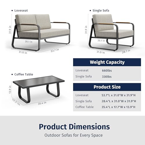 EAST OAK Courtyard Patio Furniture Set, 4-Piece Outdoor Patio Set with Sofa, Removable & Washable Deep Seating Cushion, Tempered Glass Table