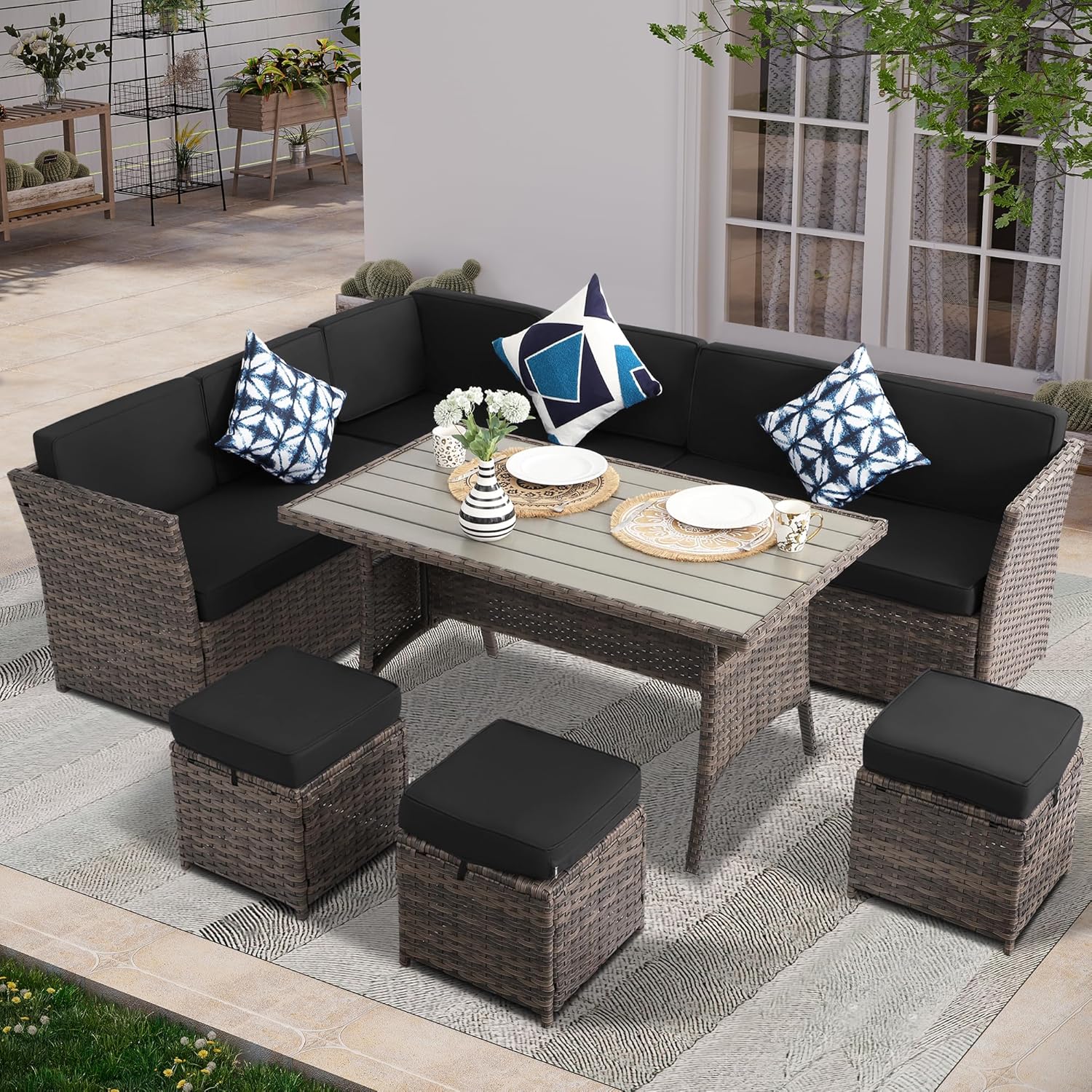 KIGOTY Patio Set 7-Piece Outdoor Dining Set,Patio Table and Chairs Set with Soft Cushions Lawn Furniture for Deck,Backyard, Garden (BR-Black)