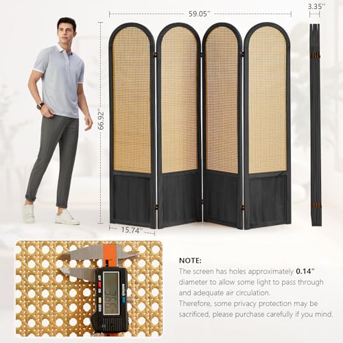 Room Divider 4 Panel, Folding Privacy Screen, Foldable Wood Divider Room Dec, Rattan Room Divider, Portable Partition Screen