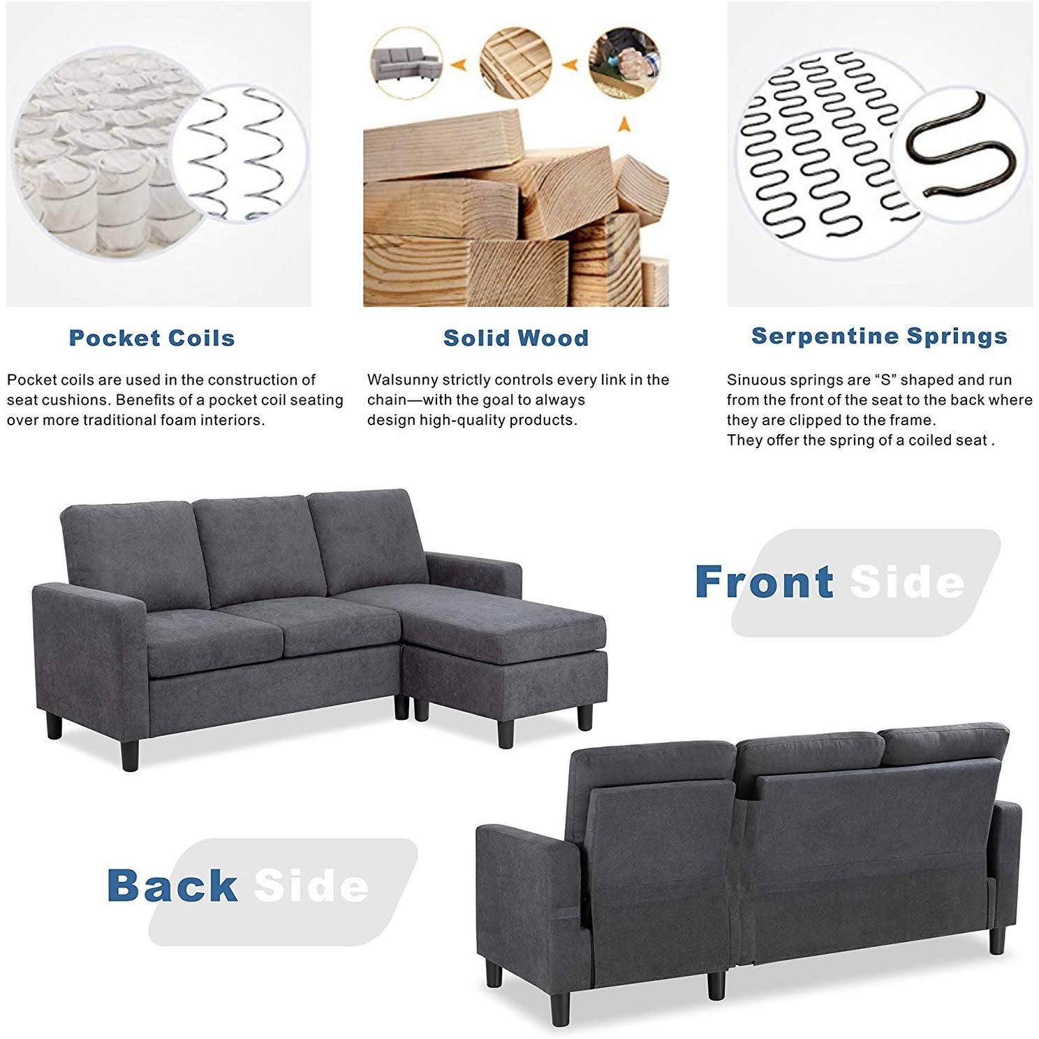 Futzca Convertible Sectional Sofa Couch with Reversible Chaise, Modern Linen Fabric L-Shaped Couch for Small Space - Ash