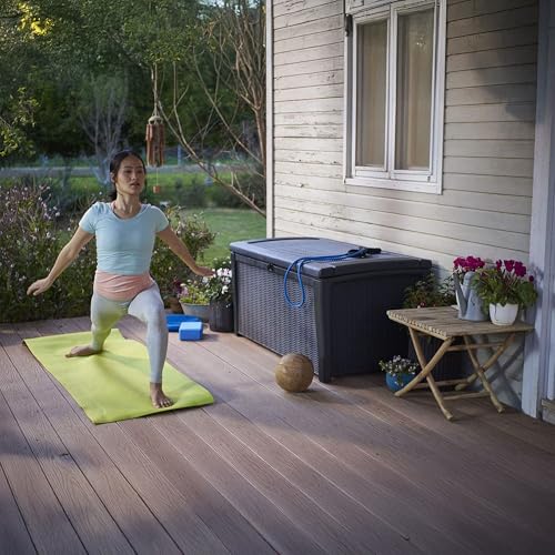 Keter Outdoor Storage Deck Box, for Patio, Backyard & Garden, Borneo, 110 Gallon, Brown - Lockable, Organizing, and Waterproof Plastic Container Bench