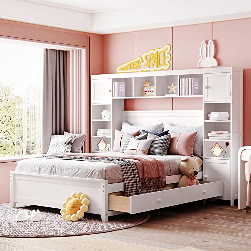 SOFTSEA Full Murphy Bed Wall Beds, Wood White Cabinet Bed 61.5” Foldable Platform Bed with Shelf for Guest Room