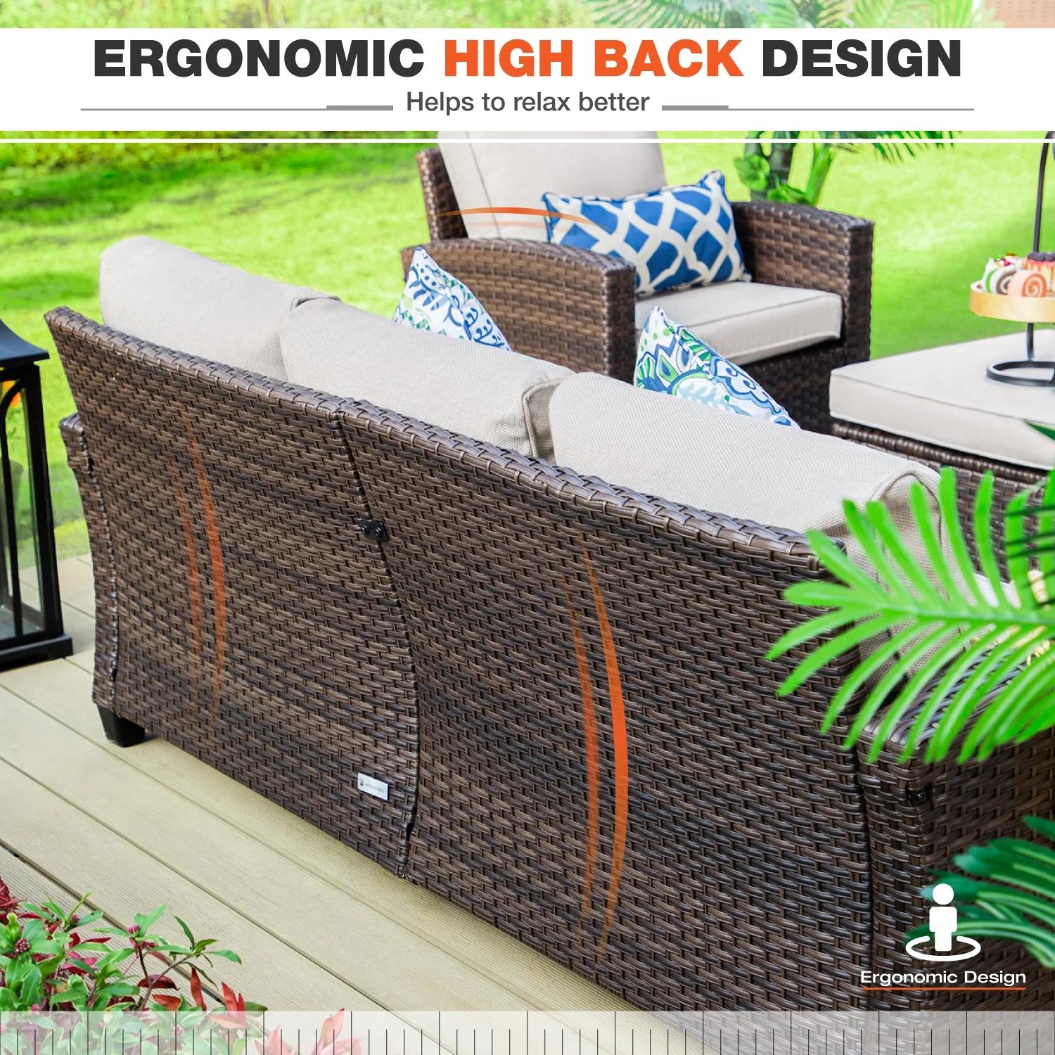 MF Studio 9-Seat Outdoor Patio Furniture Set with Fire Pit Table Wicker Patio Conversation Set Beige