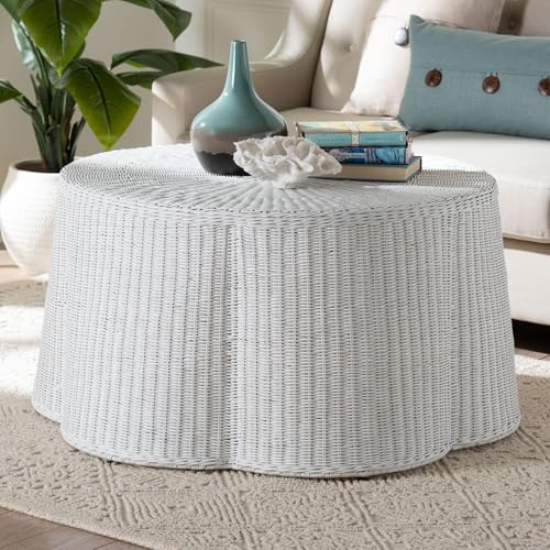 bali & pari Palm Scalloped Rattan Coffee Table - Handwoven Wicker Round Accent Table for Living Room Patio or Sunroom, Coastal Boho Style, White