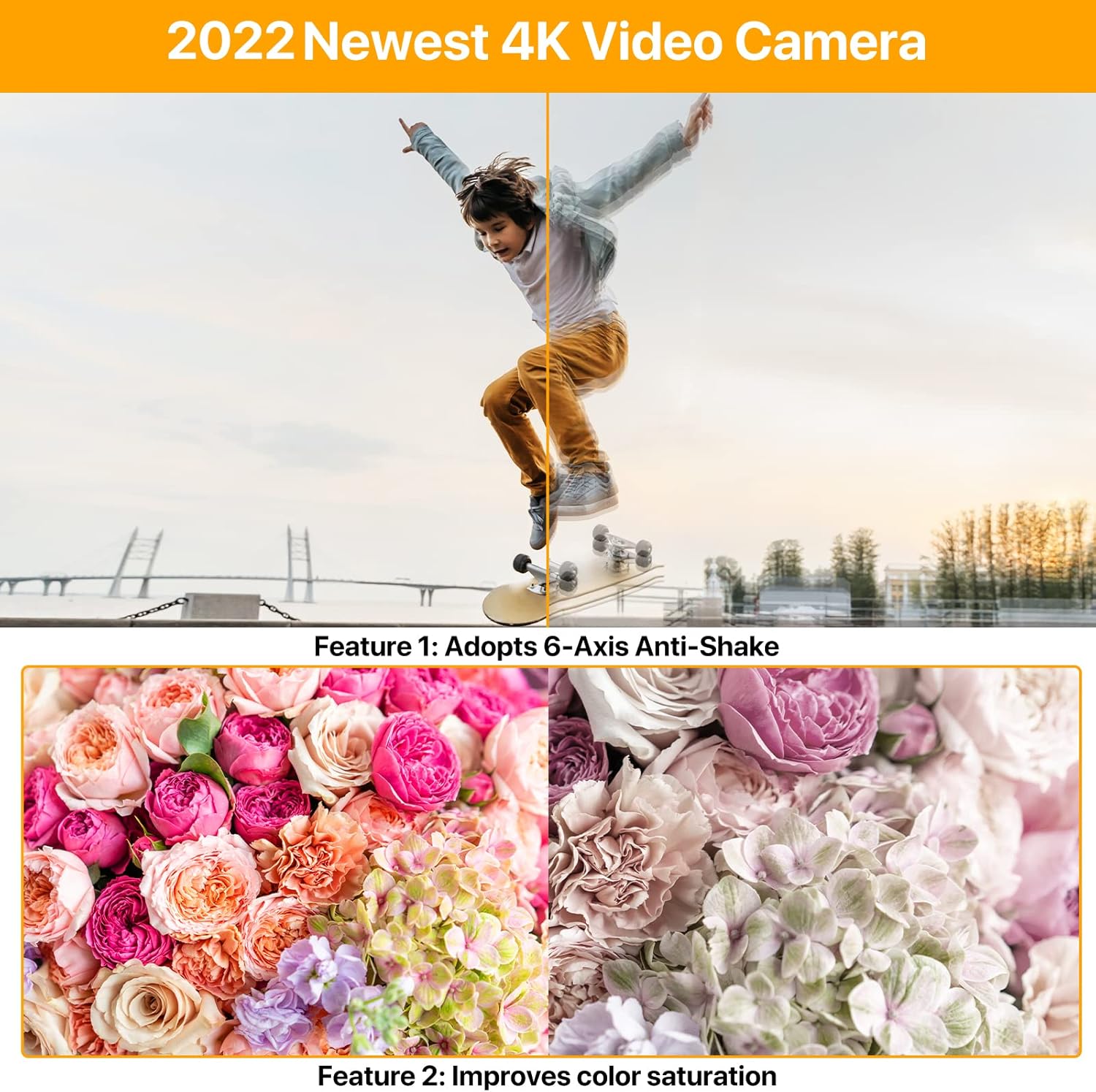 4K Video Camera Camcorder 48MP 60FPS Ultra HD Video Camera with Vlogging Camera for YouTube 16X Digital Video Camera with Microphone 6-Axis