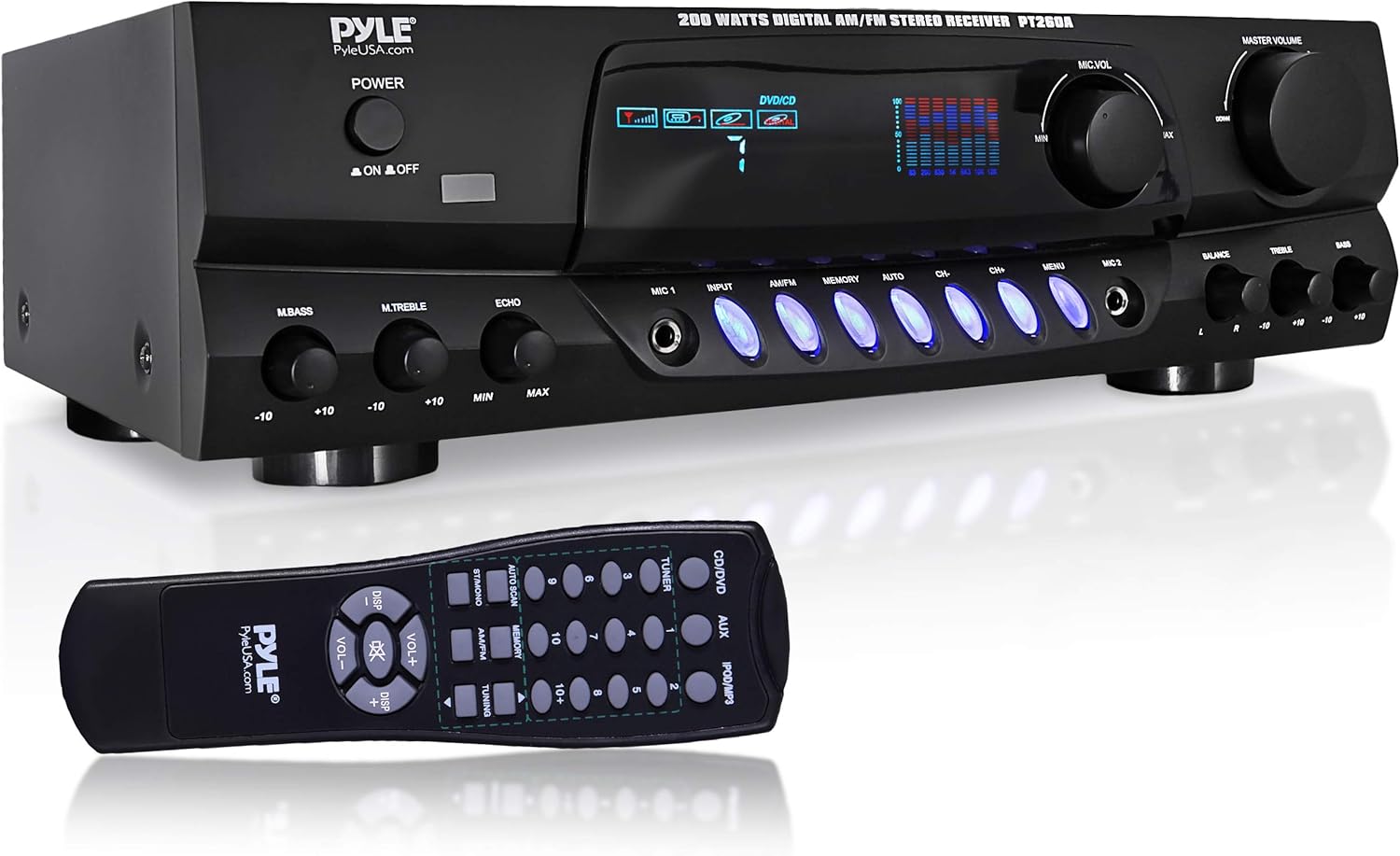 Pyle 200W Home Audio Power Amplifier - Stereo Receiver w/AM FM Tuner, 2 Microphone Input w/Echo for Karaoke