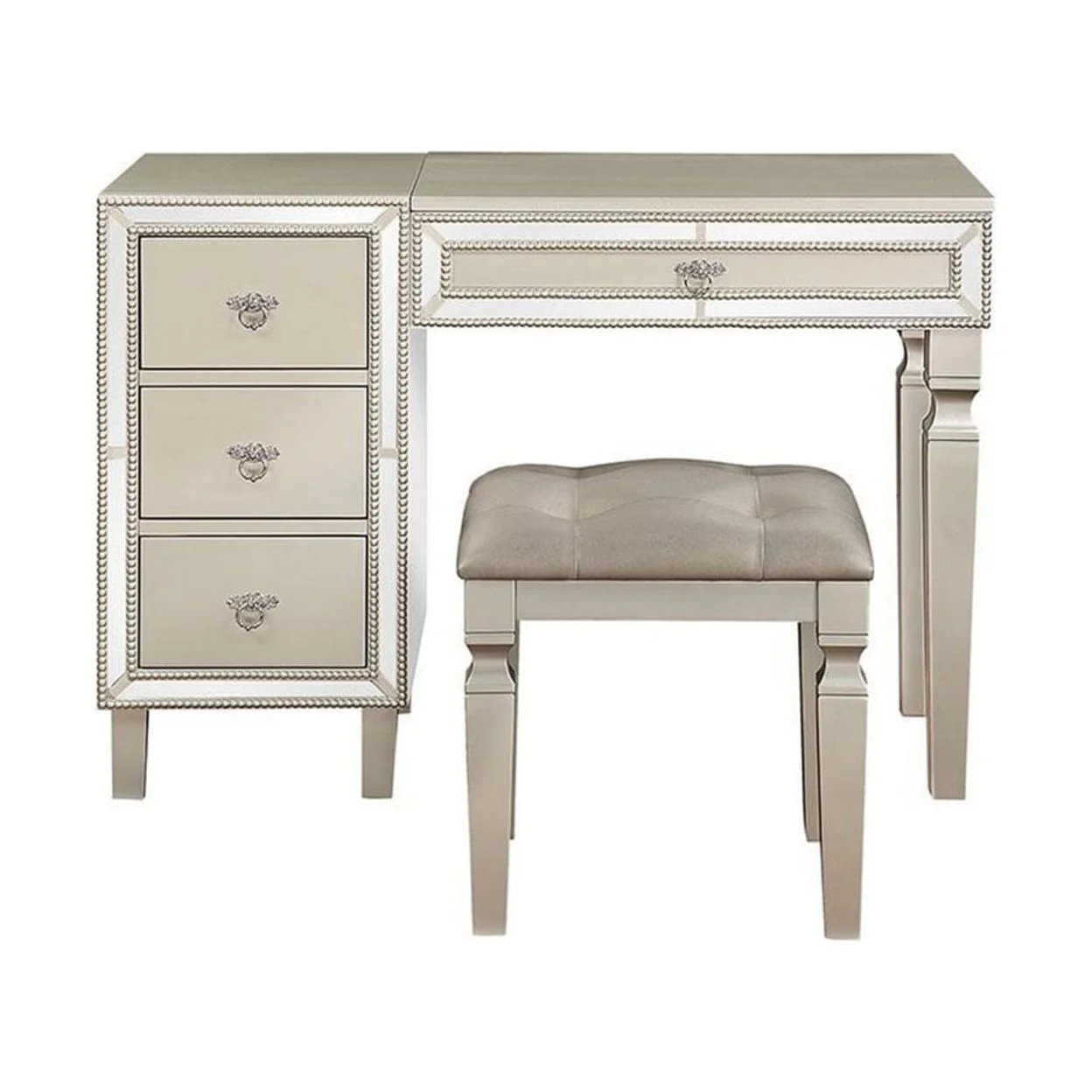 Sosi 47 Inch Vanity Desk Set Padded Stool Mirror Inlaid Drawers Silver