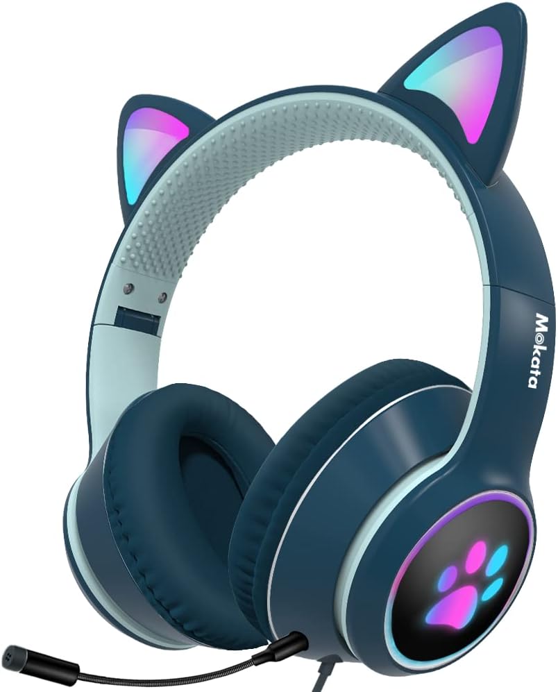 Mokata Gaming Headphone Wired AUX 3.5mm Over Ear Cat LED Light Fit Adult & Kids Foldable Stereo Headset Earmuffs with Microphone for PC PS4 Game