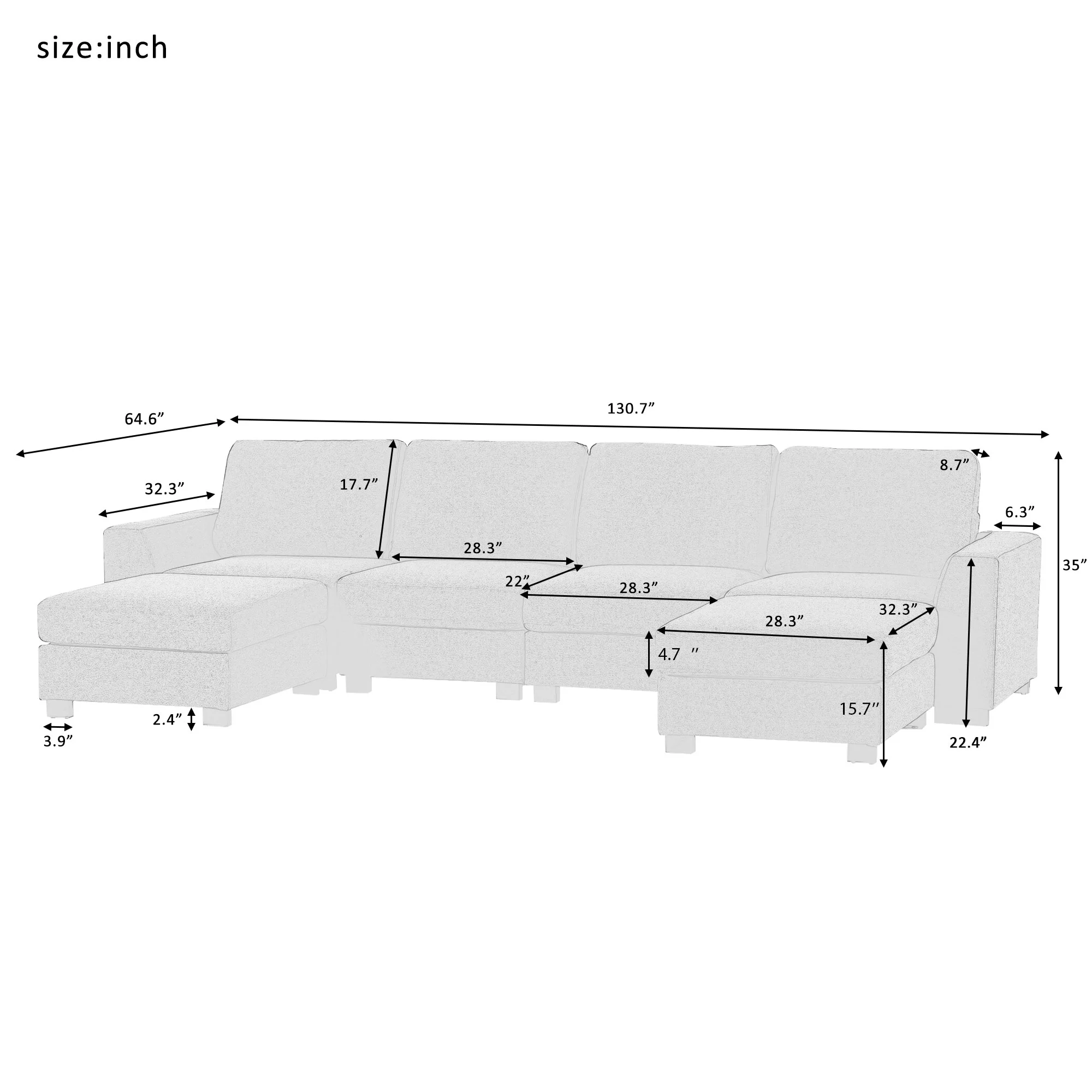 Euroco U Shaped Sofa with Removable Ottomans Sectional Sofa 6 Seater for Living Room, Gray