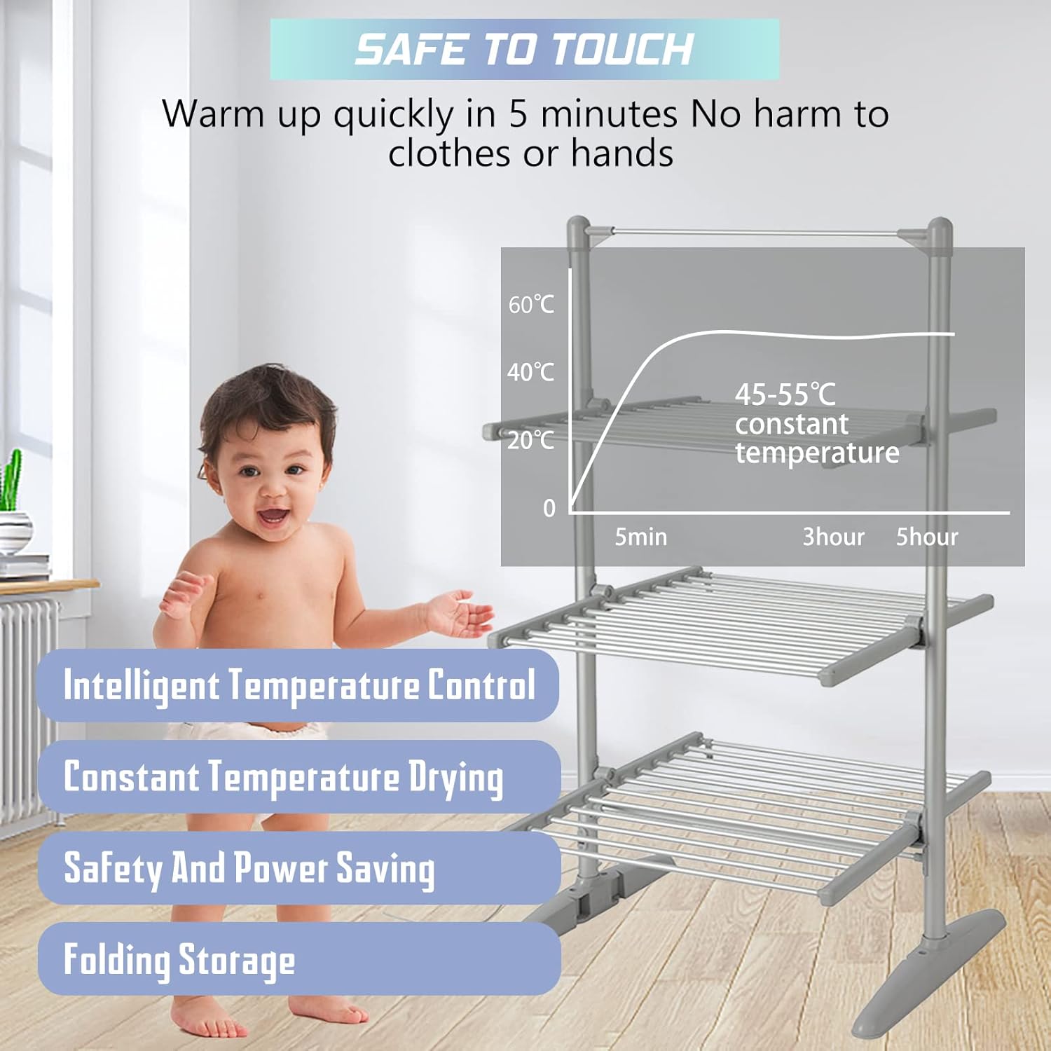 Heated Drying Rack Folding Electric Clothes Drying Rack Collapsible Laundry Drying Rack Free-Standing Heating Garment Dryer Towel Rail Space Saving