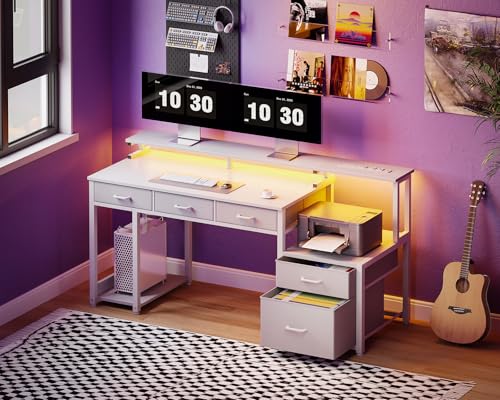 AODK 55 Inch Computer Desk with 3 Drawers and File Cabinet for Storage, Office Desk with Monitor Stand and LED Lights, Home Office Desks, Black