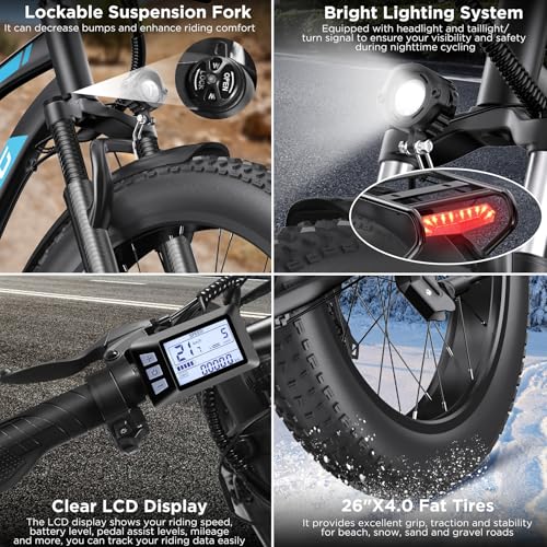 Electric Bike for Adults, 1000W Peak Ebike, 25MPH 60Miles Electric Mountain Bike, 26" Fat Tire Electric Bicycle with 48V 13AH Battery, Rear Rack
