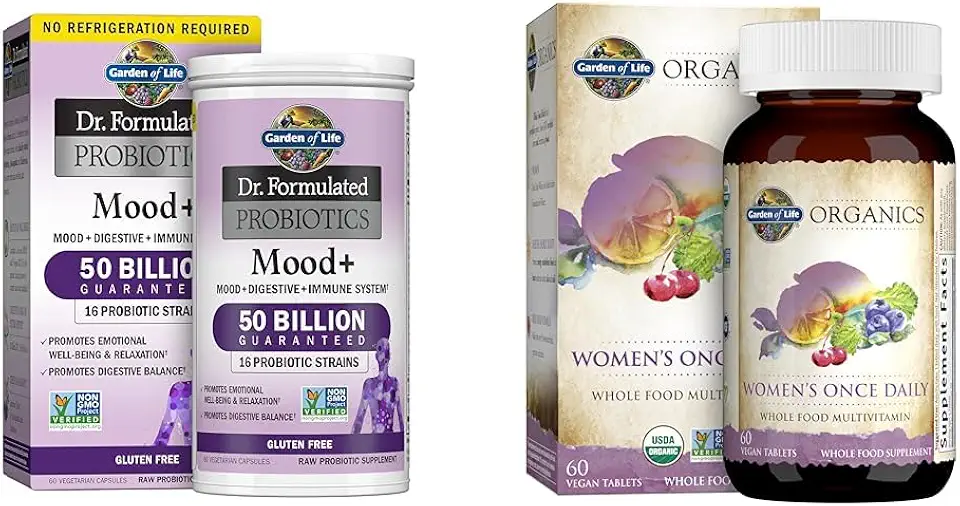 Garden of Life Dr. Formulated Probiotics Mood+ for Emotional Well-Being with Ashwagandha & Organics Multivitamin for Women