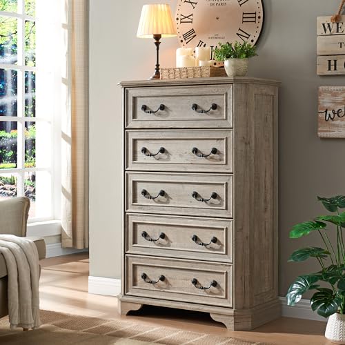 T4TREAM Farmhouse 5 Drawers Dresser for Bedroom, 48" Tall Wood Rustic Chest of Drawers with Natural Texture, Vintage Design