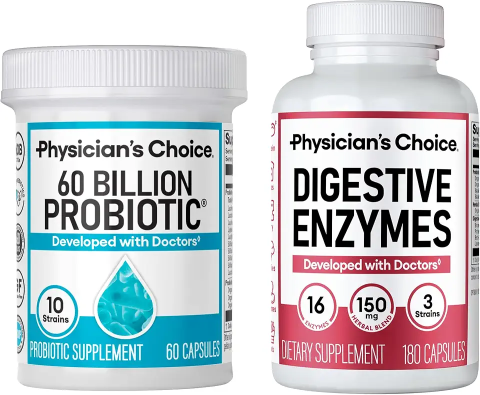 Physician's CHOICE - Optimal Gut Health Bundle: 60 Billion Probiotic 60ct + Digestive Enzyme 180ct for Digestive Comfort and Immune Support