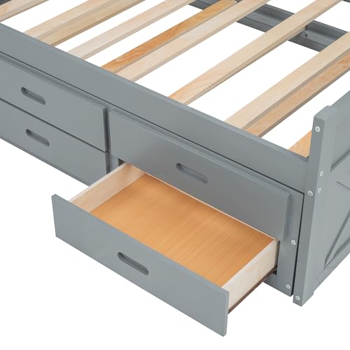 Harper & Bright Designs Twin Size Captain Platform Bed with Bookcase Headboard, Wood Twin Bed Frame with Storage Drawers and Shelves