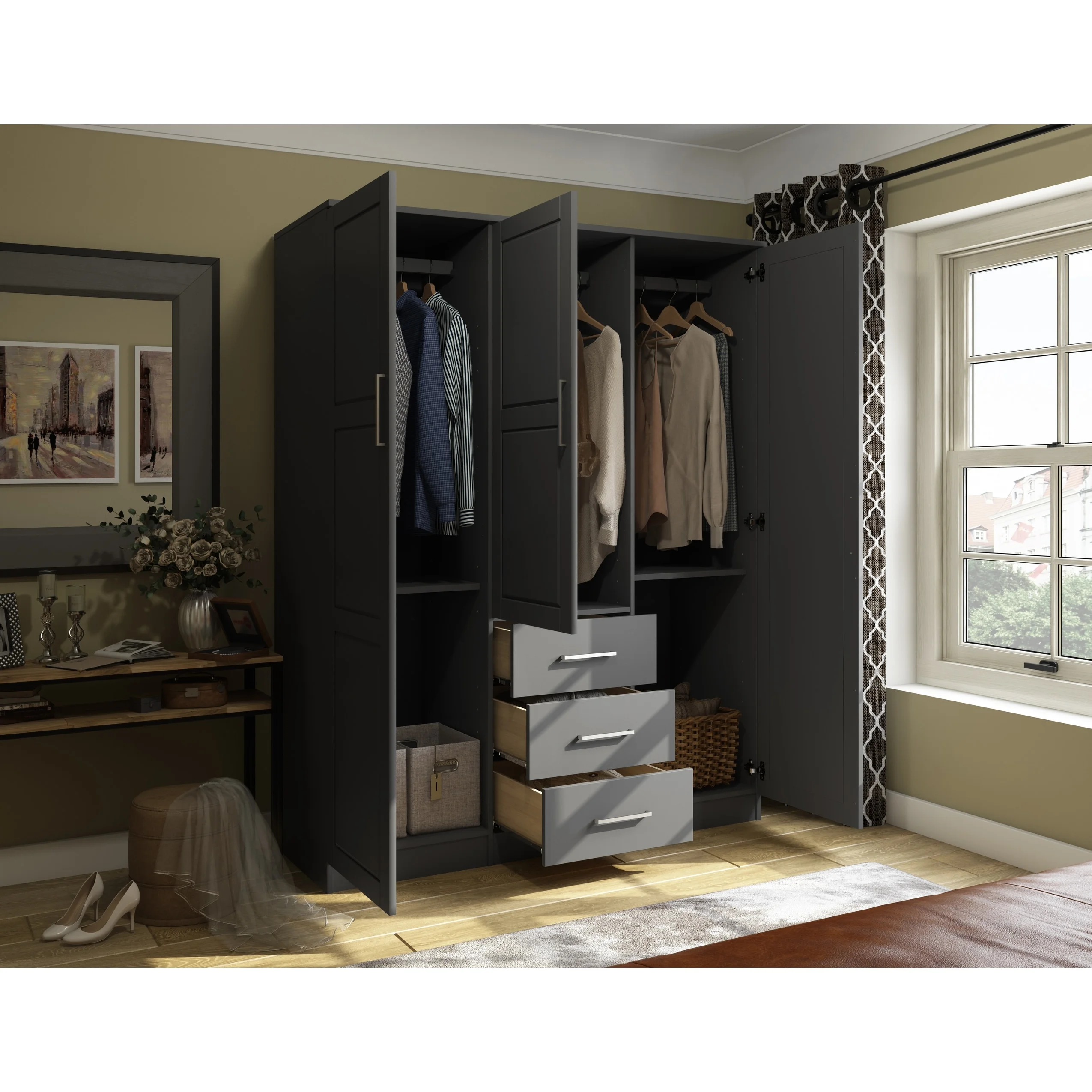 Palace Imports, Inc. Palace Imports 100% Solid Wood Cosmo 3-Door Wardrobe Armoire with Solid Wood or Mirrored Doors Grey-Raised Panel