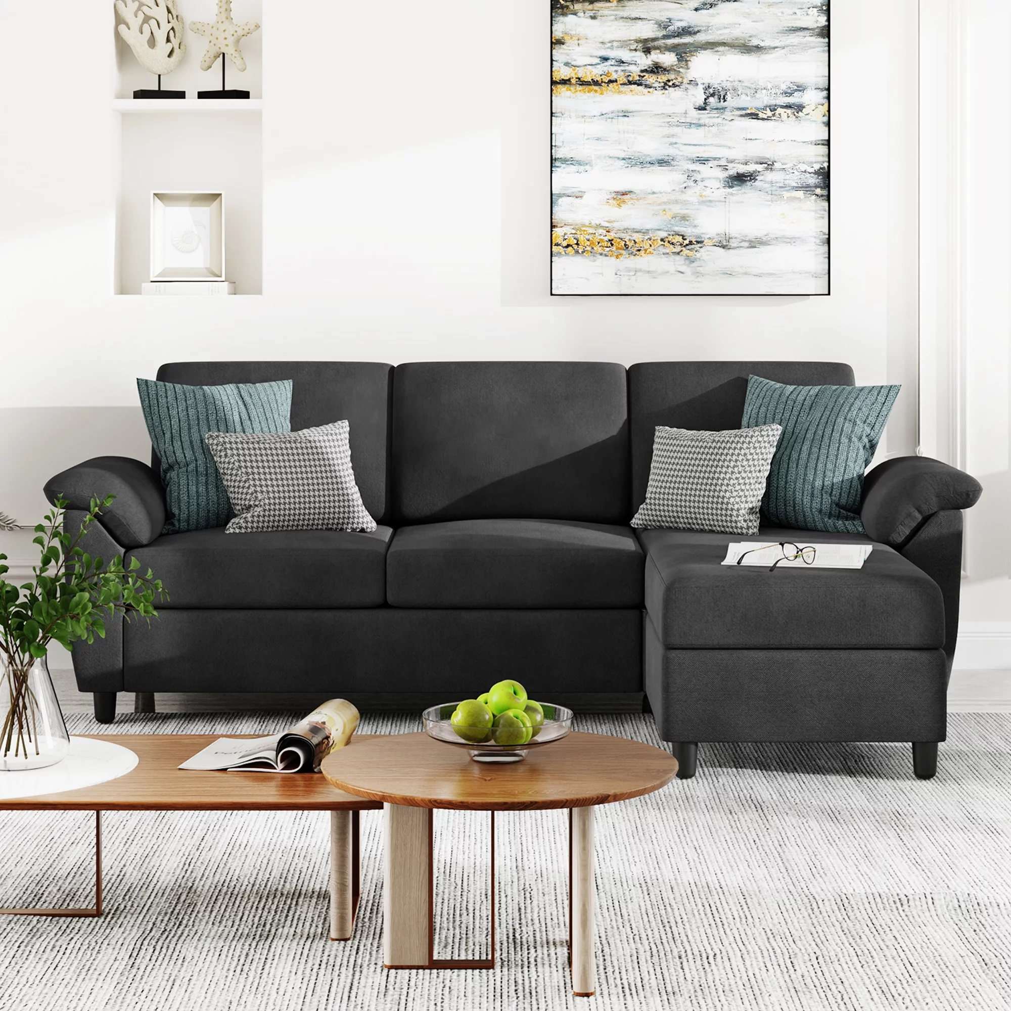 Walsunny 79 Convertible Sectional Sofa Couch,Linen Fabric L Shaped Sofa with Removable Pillows Dark Gray