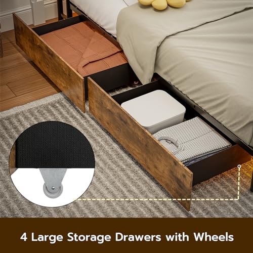 Queen Size Bed Frame with Headboard and Storage 4 Drawers Platform Bed Frame with Storage Chargin Station LED Light Bed Frame