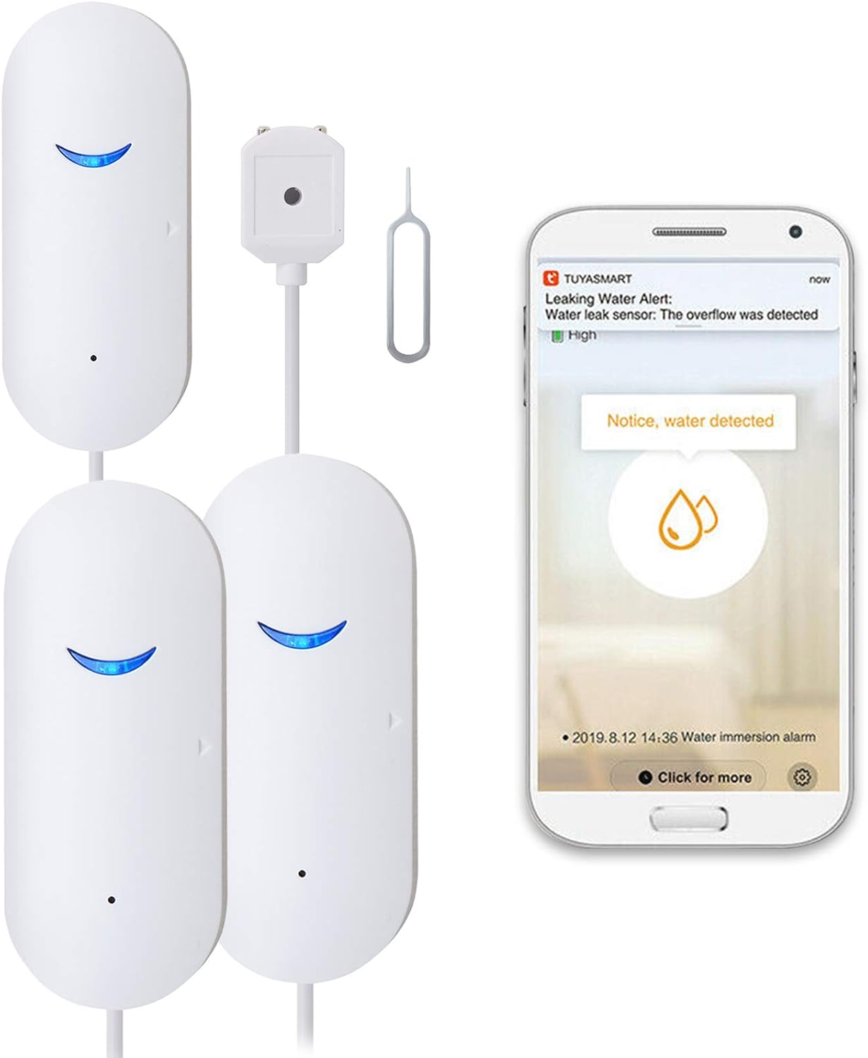 2 Pack WiFi Water Leak Sensor Alarm, SEHOMY Smart Basement Water Sensor App Notification, Realtime Water Level Sensor Alarm and Drip Alert