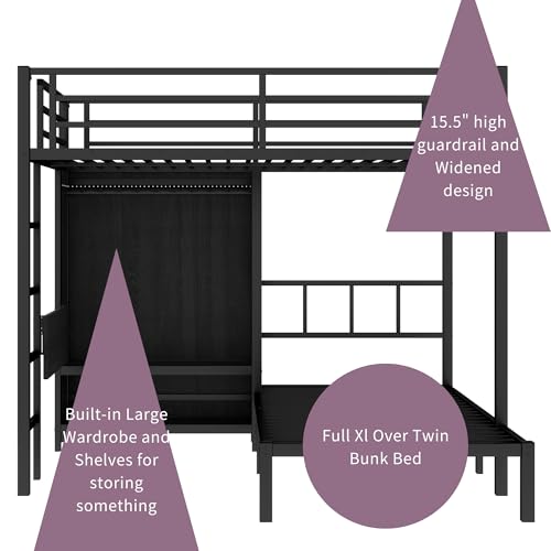 SOFTSEA Metal Bunk Bed with Wardrobe Full XL Over Twin L-Shaped Bunk Beds with Desk and Shelves for Kids Teens