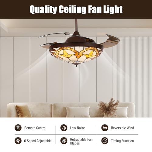 42 Inch Tiffany Style Ceiling Fan Stained Glass Ceiling Fan Retractable Ceiling Fan with Light and Remote Control 3 Speed