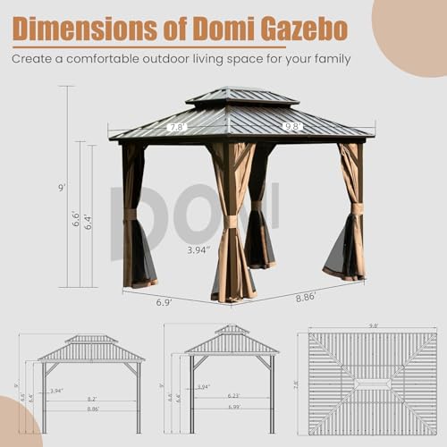 Domi 10’ x 10’ Hardtop Gazebo Metal Frame Canopy with Netting & Curtains