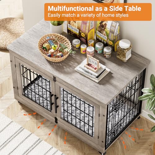 Lulive Dog Crate Furniture for Medium Dogs, 32'' Dog Kennel Indoor with Cushion & Wheels Wooden Dog Cage Double Doors Dog Crate End Table, Grey