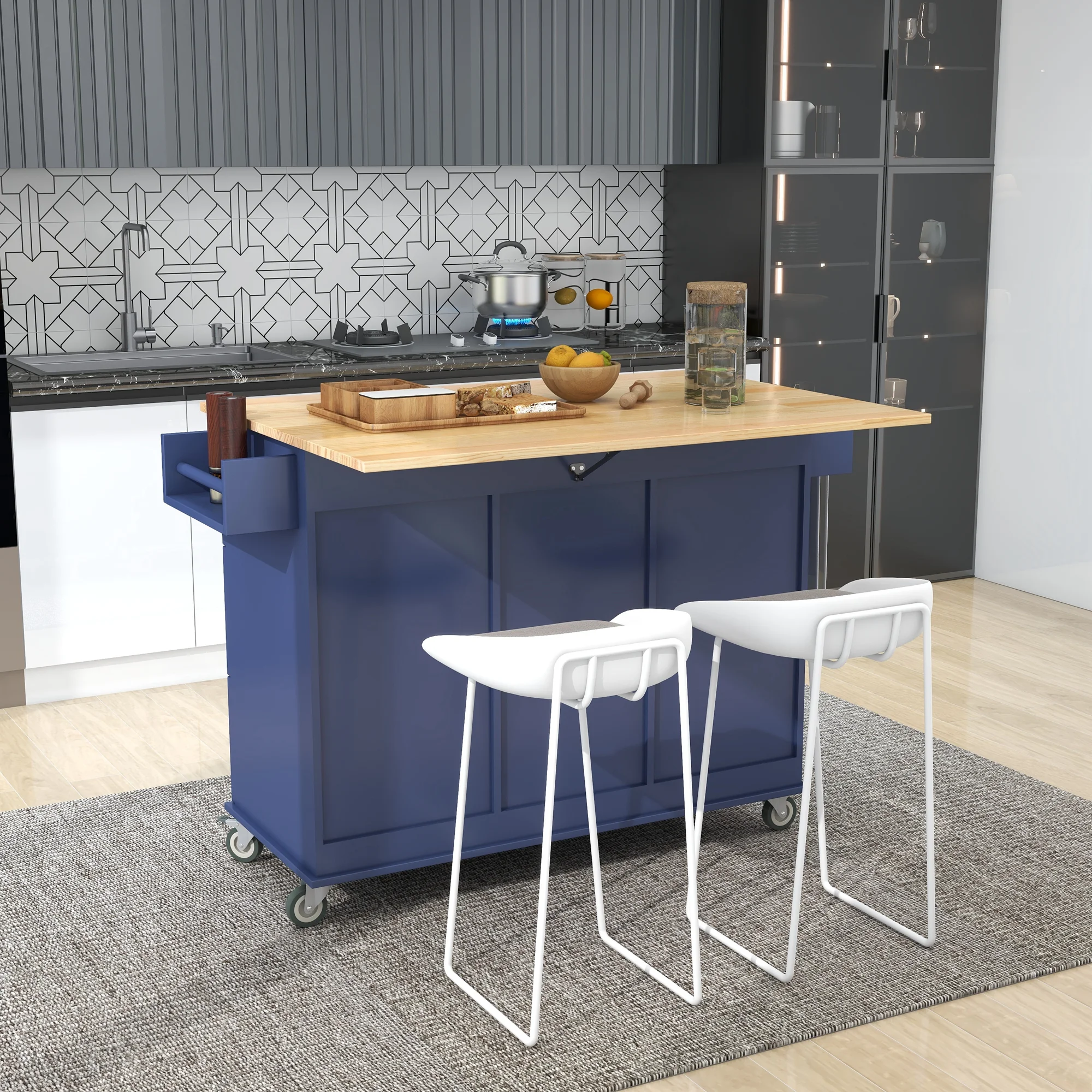 COOKCOK Mobile Kitchen Island Cart,Kitchen Cart with Wood Top and Drop Leaf Breakfast Bar