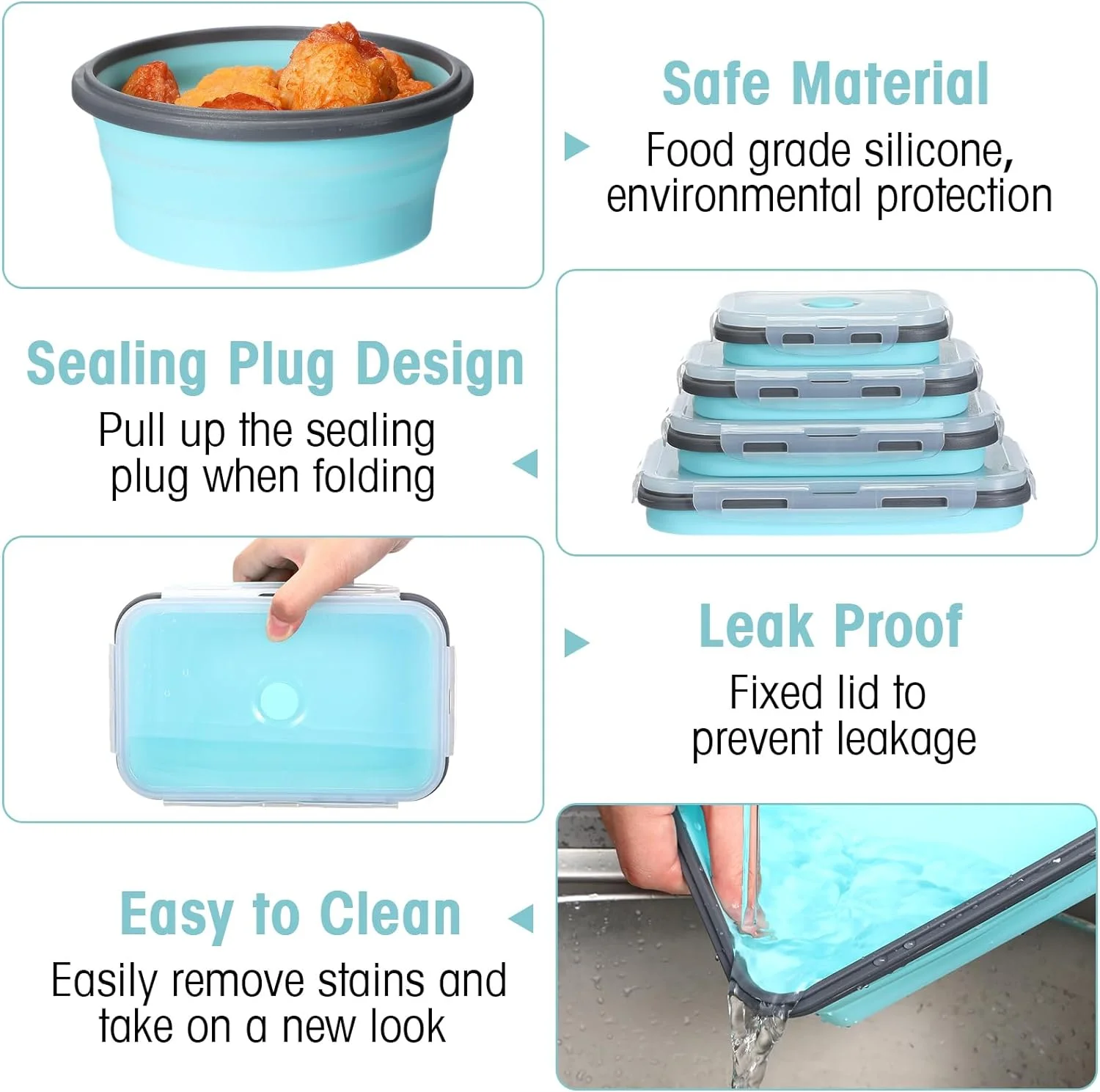16 Pack Collapsible Food Storage Containers with Lid 8 P cs Rectangle Storage Bowl and 8 P cs Round Silicone Food Bow for Lunch Accessories Microwave