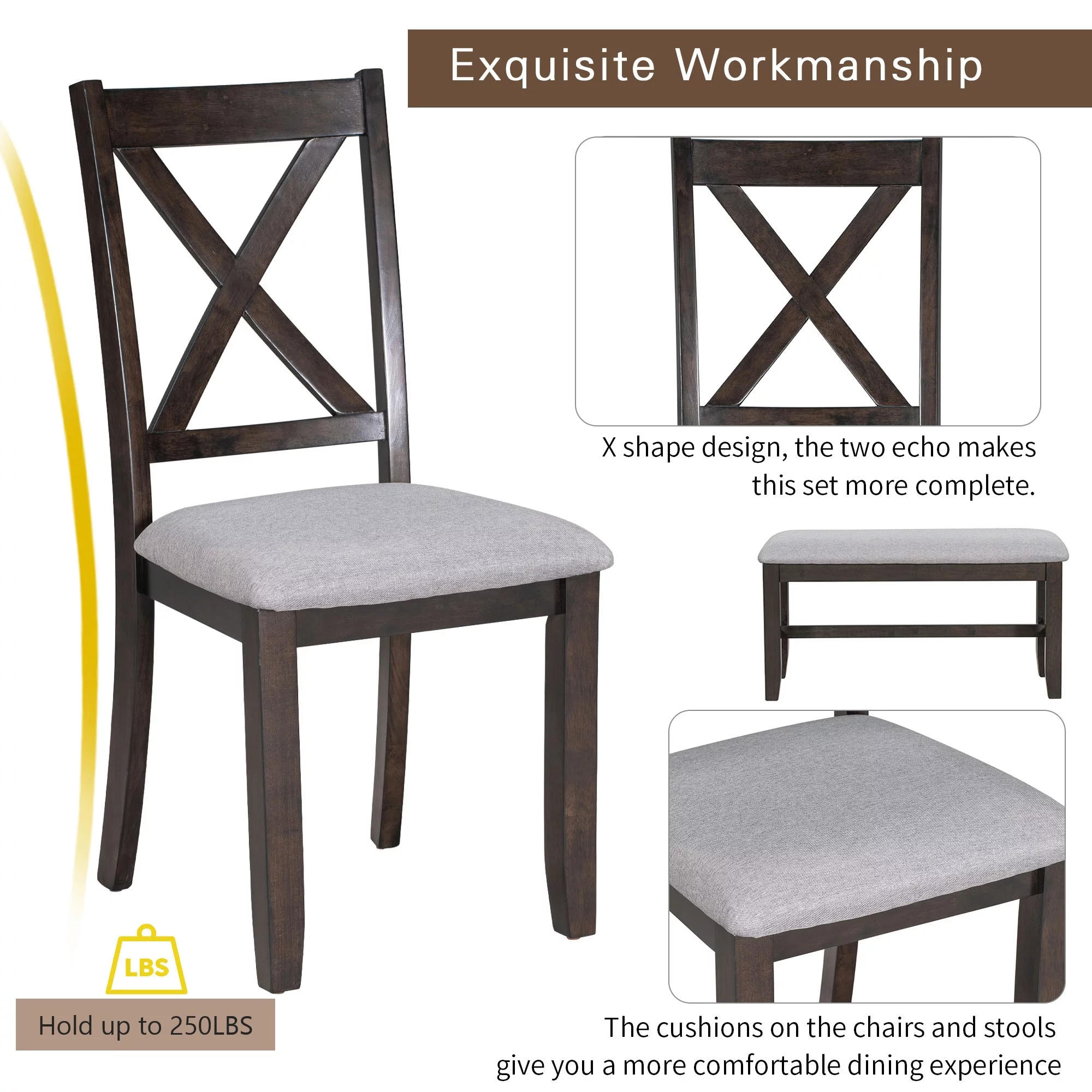 6 Pieces Dining Table Set, HSUNNS Foldable Wood Kitchen Table Set for 6 with Bench and 4 Cushioned Chairs