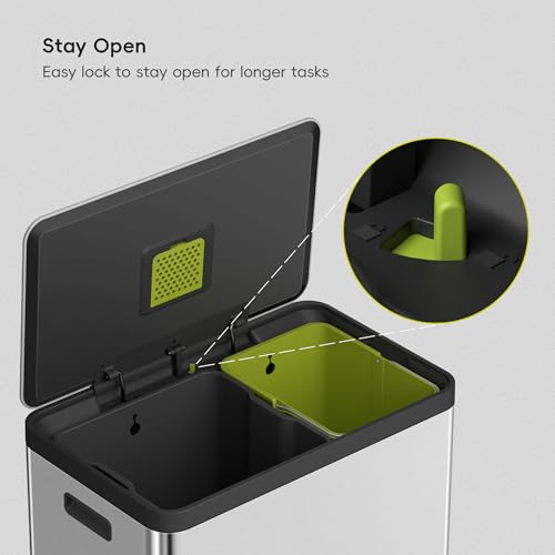 EKO EcoCasa II 36L+24L Dual Trash Can with Recycle Bin, Stainless Steel Garbage Can with Lid, Deodorizer Compartment