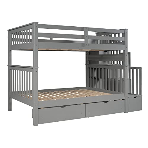 Ball & Cast Twin-Over-Twin Bunk Bed with Twin-Size Trundle and 3 Storage Stairs,Wood Bunkbed w/Full-Length Guardrails,Slat Support