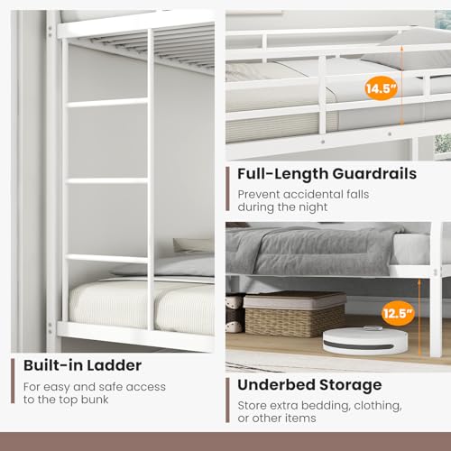 KOMFOTT Twin Over Full Bunk Bed with Trundle, Heavy-Duty Metal Bunk Bed Frame with Guardrail & 2 Ladders, Space-Saving Bunk Bed for Kids/Teens/Adults