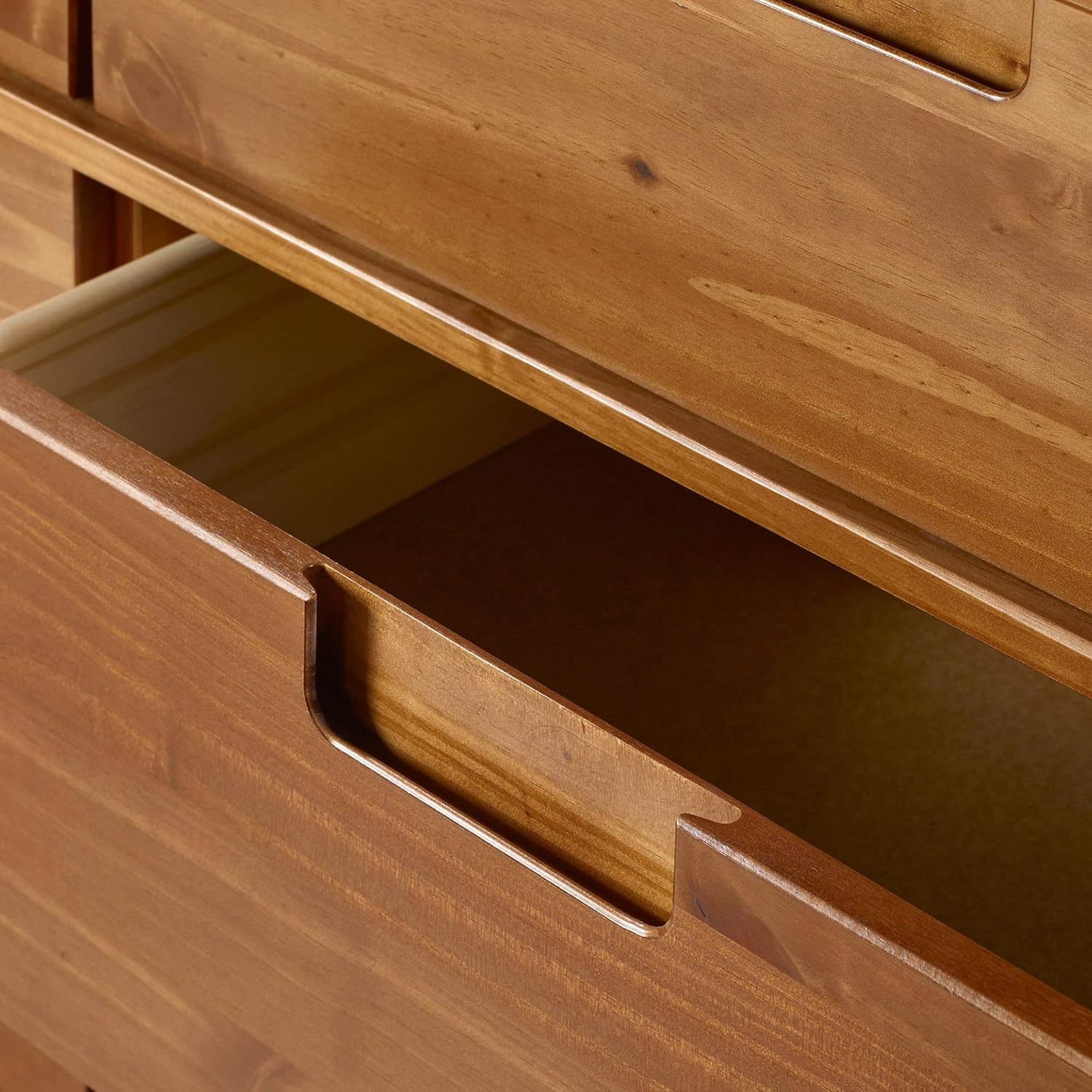 Walker Edison Mid Century Modern Grooved Handle Wood Dresser Bedroom Storage Drawer Organizer Closet Hallway, 6 Drawer, Caramel