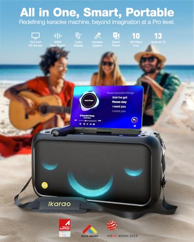 Ikarao Smart Karaoke Machine for Adults - with Lyrics Display, 32GB Karaoke Tablet, 2 Wireless Mics, Professional Karaoke System, 300W Peak Power