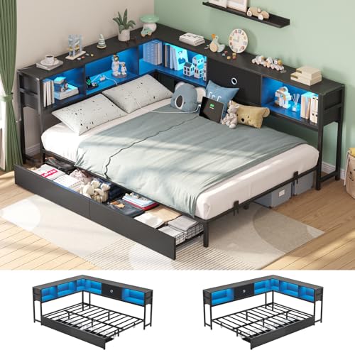 Hasuit Corner Bed Frame with Storage Bookcase, Twin Daybed with Storage Drawers Underneath, Kids Bed Unit with Charging Station and LED Light