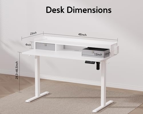 48x24 Inches Electric Standing Desk with 2 Drawers, Height Adjustable Stand up Desk for Home Office, Ergonomic Sit to Stand Table with Storage Shelf