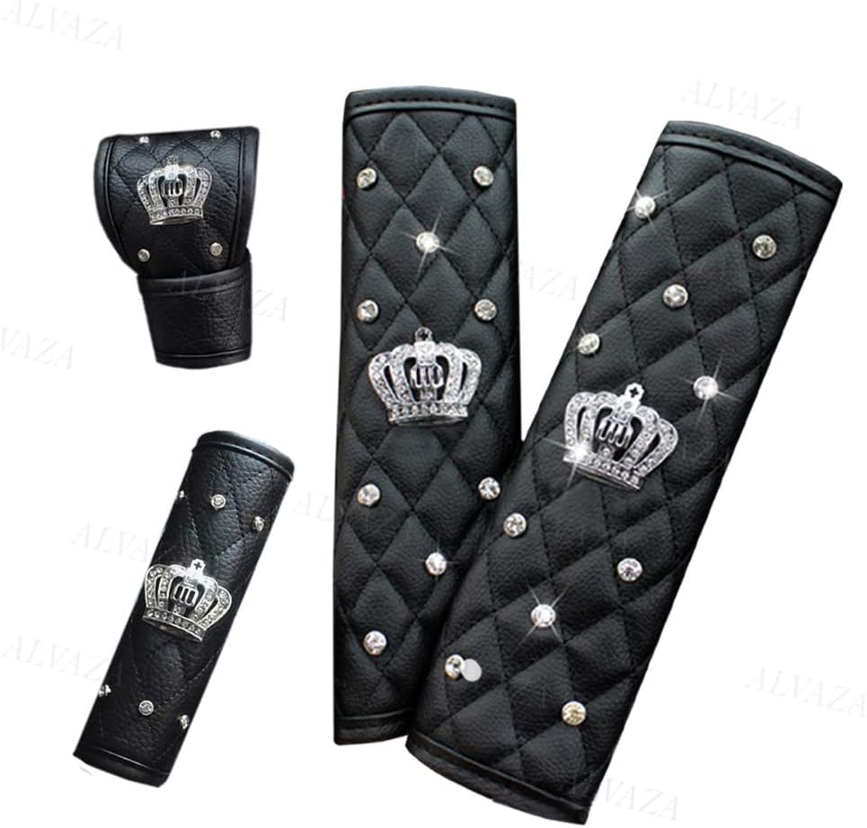 ALVAZA New Crystal Car Steering Wheel Cover Bling Bling Rhinestones Leather Crown Decro Not Slip Breathable Steering Covers Size 15 Inch + Bling Ring