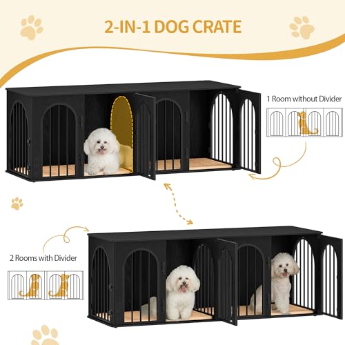 71" Dog Crate Furniture for 2 Dogs, Heavy Duty Indoor Dog Kennel TV Stand, XXL Wooden Dog Cage with Divider for Medium Large Dogs