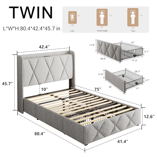 iPormis Queen Bed Frame with 4 Storage Drawers, Upholstered Platform Bed Frame with Charging Station, Modern Wingback Storage Headboard