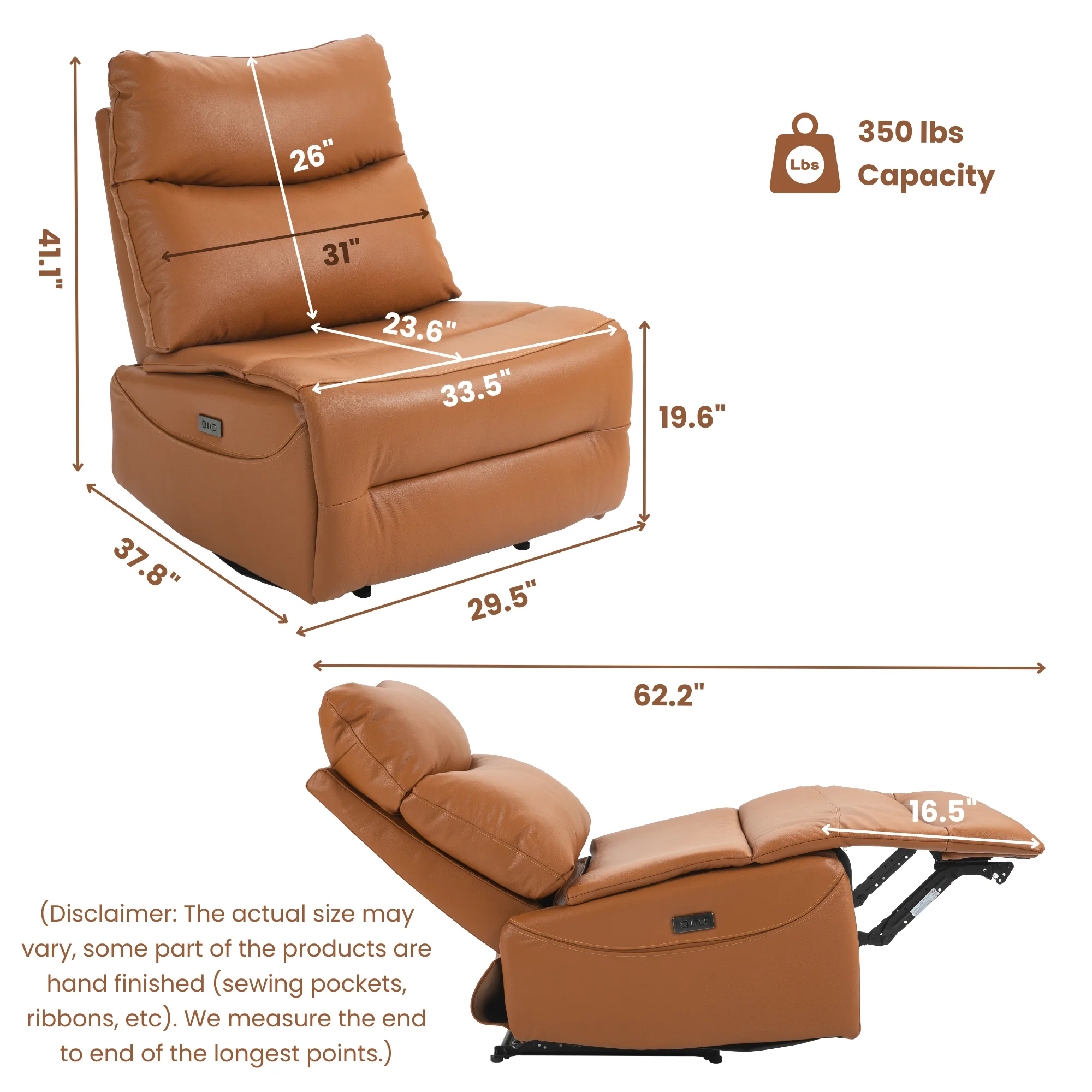 JUUXO Genuine Leather Power Recliner - Extra Wide Reclining Sofa Chair No Armrests Design Big Man Recliner 350 lbs…