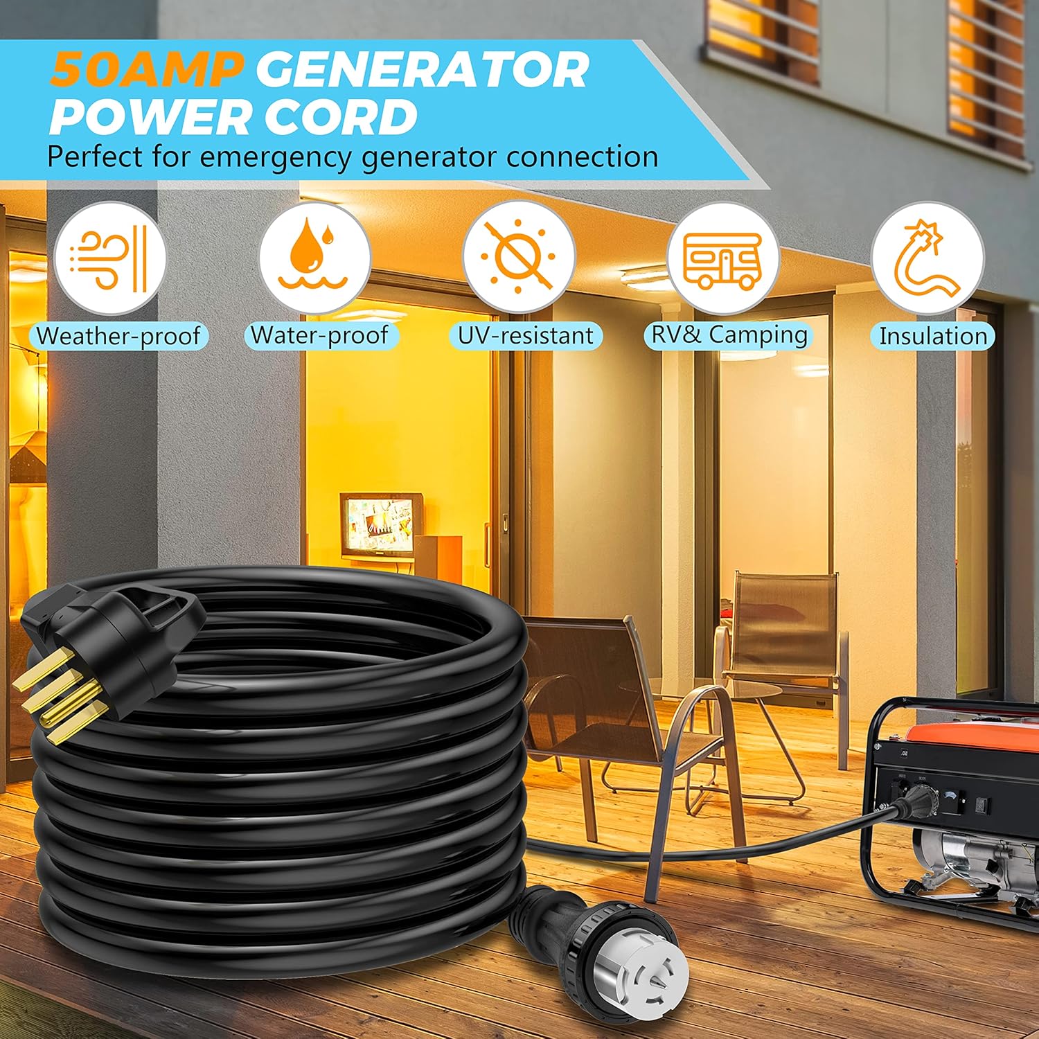 25 Feet 50 Amp Generator Cord and Generator Power Inlet Box Waterproof Kit, 125/250 Volts, Generator Power Cord NEMA 14-50P to SS2-50R Extension Cord