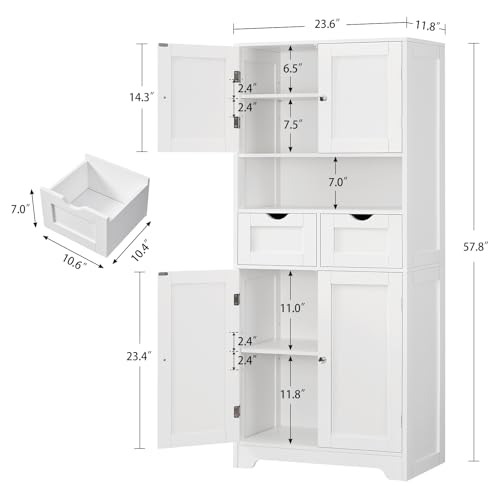 57.8“H Tall Bathroom Cabinet, Storage Cabinet with 2 Drawers & 2 Adjustable Shelves, Bathroom Storage Cabinet with 4 Doors