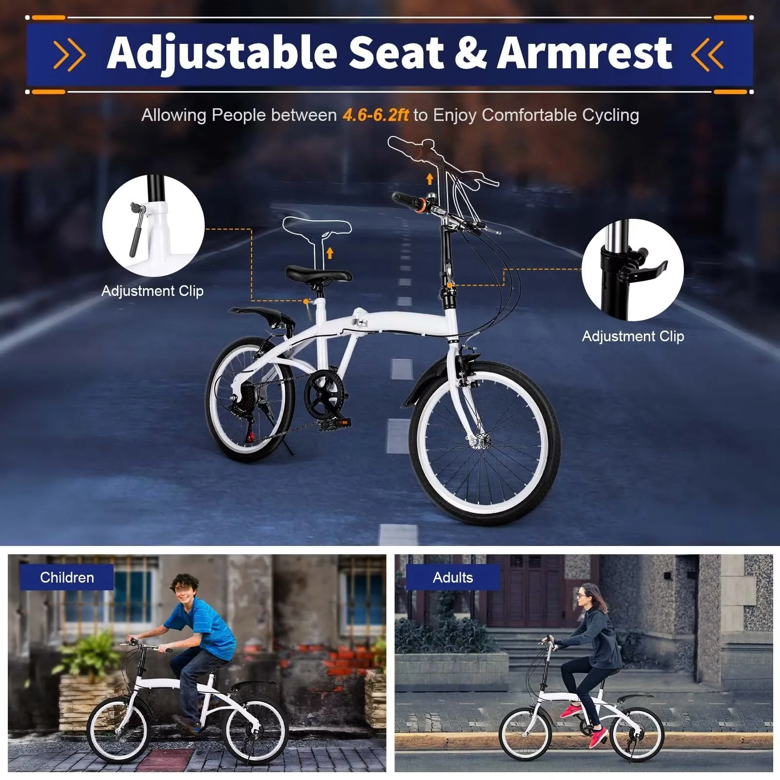 OUKANING 20" White Folding Bike Height Adjustable Foldable City Bike for Adult Commute Bicycle 6 Speed Gears with Mudguard