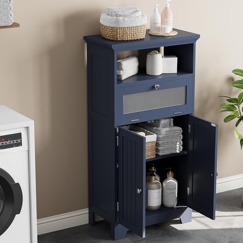 ChooChoo Bathroom Floor Storage Cabinet with Flip Glass Drawer, Freestanding with 2 Doors, Adjustable Shelf & 1 Open Storage for Living Room, Hallway