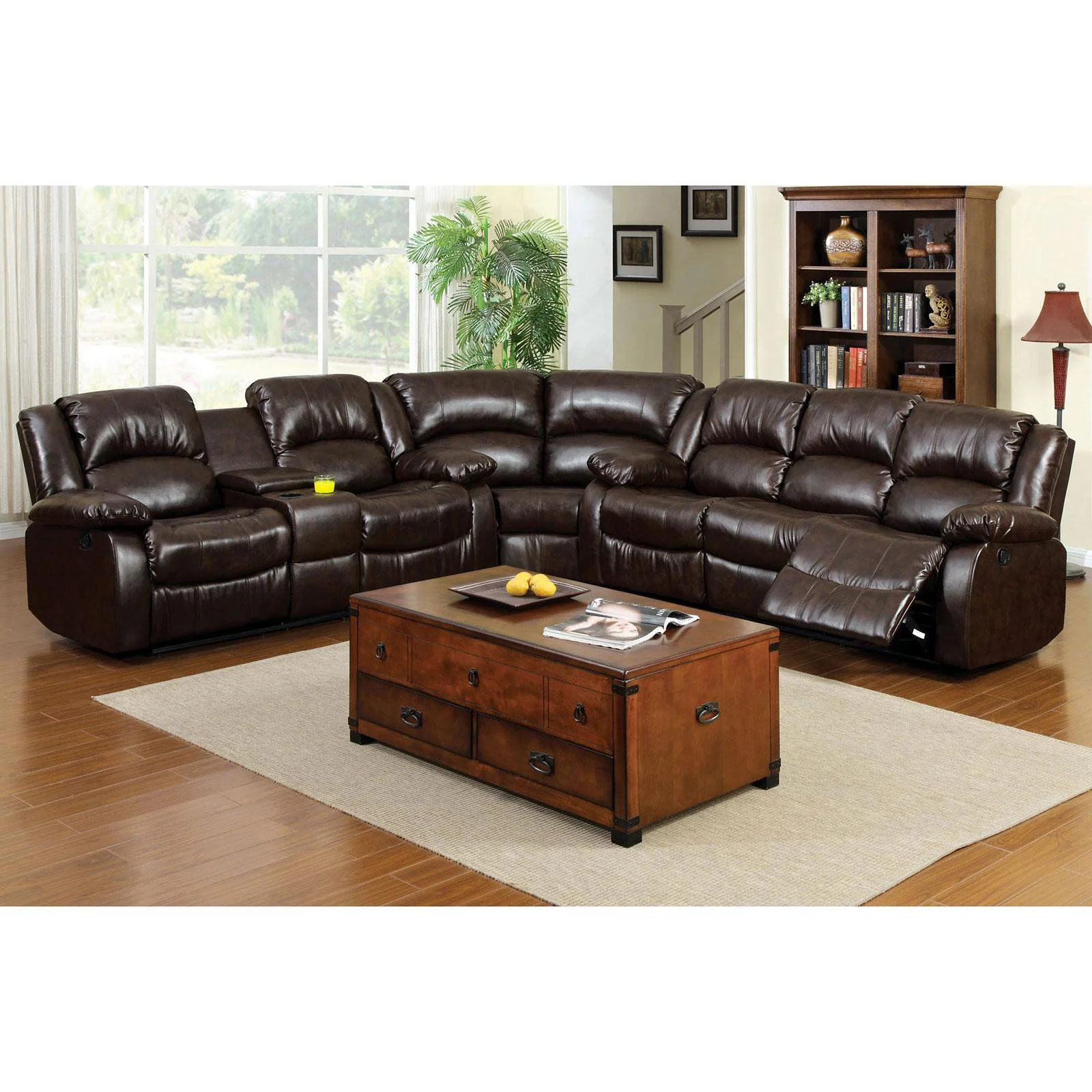 Transitional Brown Bonded Leather Sectional w/ cupholders Winslow FoA Group