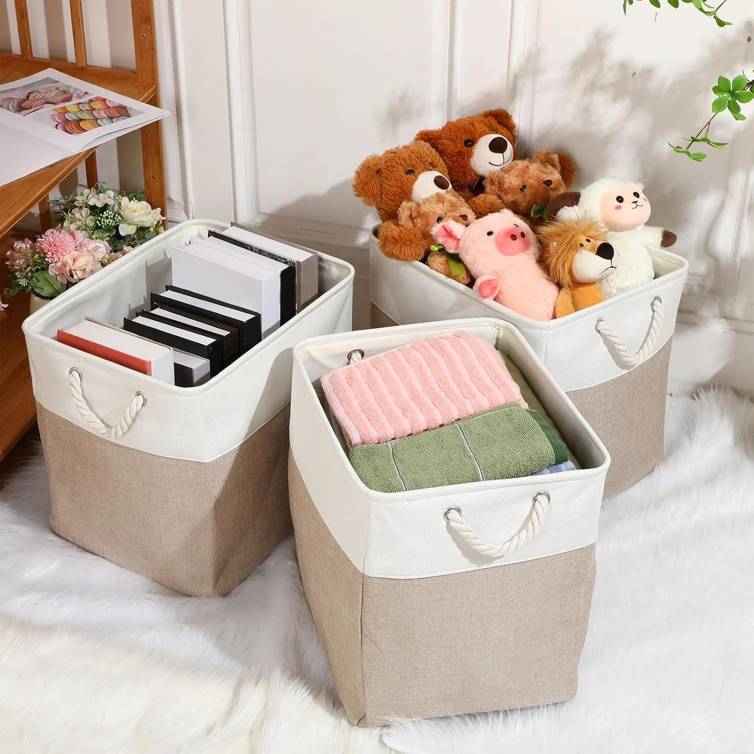 8 Pack Collapsible Storage Bins Fabric Storage Bins Polyester Fabric Baskets with Handles Linen Closet Organizer for Shelf Home Closet Towels Toys